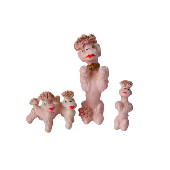 Vintage Spaghetti Pink Poodle with 3 Baby Poodles Figurine 1950's Japan - Picture 1 of 5